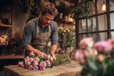 A skilled florist is carefully crafting a bouquet of pink roses in a warm, inviting flower shop. Shelves filled with greenery and blooms surround him as he focuses on his work.の素材
