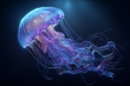 A vibrant jellyfish swims elegantly in deep blue water, its tentacles trailing behind. The soft glow of bioluminescence highlights its flowing shapes and colors.の素材