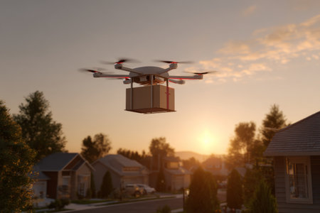 A drone hovers above a quiet residential area, carrying a package as the sun sets in the background, casting a warm glow over the houses and trees.の素材