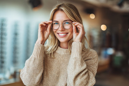 A young woman is smiling while adjusting her glasses inside an eyewear shop. The setting is bright, with shelves of glasses in the background and soft lighting.の素材