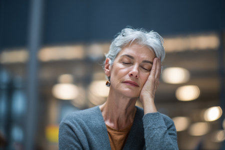 A mature woman with gray hair sits with her hand on her forehead, expressing fatigue and contemplation in a well-lit indoor environment during daytime hours.の素材