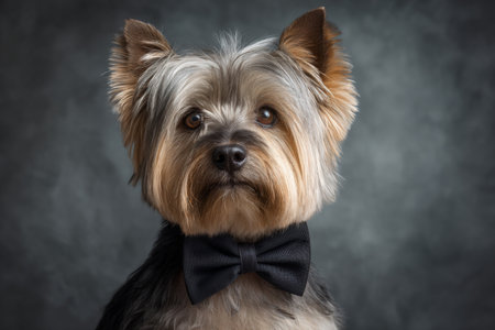 A small Yorkshire terrier stands proudly with a black bow tie. The pet gazes directly at the viewer, showing its shiny fur and playful expression in a dark setting.の素材