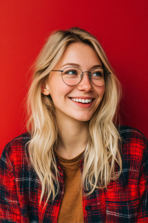 A young woman with long blonde hair smiles brightly while wearing glasses and a flannel shirt. She is against a vibrant red background, creating a cheerful atmosphere.の素材