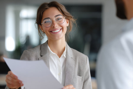 A young woman wearing glasses and a suit smiles as she holds papers in her hands. She is talking with a colleague in a bright office filled with natural light and modern decor.の素材