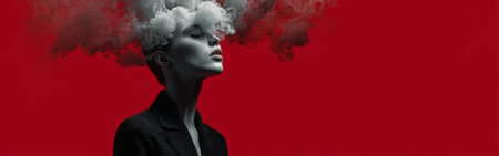 A model poses with an artistic hairstyle resembling clouds above her head. The bright red background enhances the creative atmosphere, creating a striking visual impact.の素材