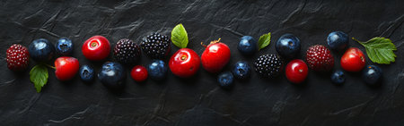 An assortment of mixed berries, including strawberries, blueberries, raspberries, and blackberries, is elegantly arranged on a dark textured background, highlighting their vivid colors and freshness.の素材