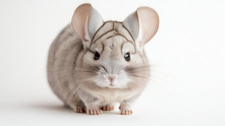 A light gray chinchilla poses against a white background, highlighting its soft fur and large ears. The animal appears curious and playful, ready to explore its surroundings.の素材
