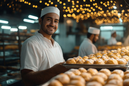 A baker smiles while holding a tray of freshly made pastries in a busy bakery. Other bakers work behind in a warm, inviting atmosphere adorned with twinkling lights.の素材