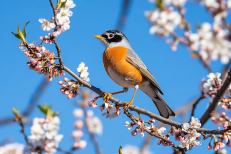 A robin sits gracefully on a branch adorned with blossoming flowers under a clear blue sky. This moment showcases the vibrancy of spring, symbolizing renewal and nature's beauty.の素材