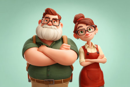 A married couple stands together in a 3d cartoon style, smiling and ready for challenges. They are dressed casually, each with a unique outfit that reflects their personality.の素材
