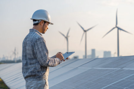 An engineer stands on a renewable energy site examining solar panels and wind turbines. The sun is setting, casting soft light on the gear and the landscape.の素材