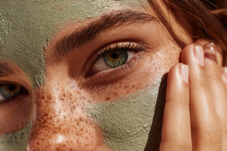 A woman shows her skincare routine with a green clay mask on her cheek while holding it with one hand. The shot captures her eye and freckles in bright daylight.の素材