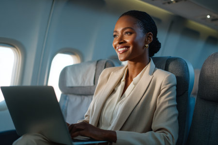 A smiling businesswoman is seated on an airplane with her laptop on her lap. She wears a light business suit and is focused on her work during the flight.の素材