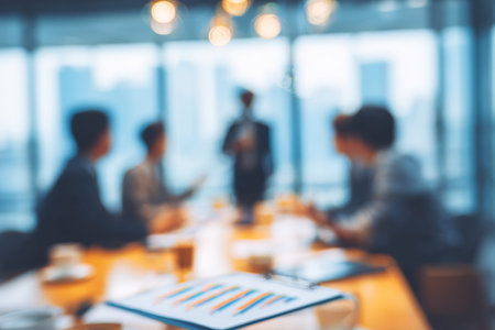 Group of business people gather in a meeting room to plan sales and discuss company report. Team collaborates on ideas and strategies for digital marketing and technology.の素材