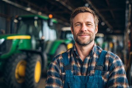 A mechanic smiles while standing next to a tractor inside a workshop. He is engaged in maintaining agricultural machines during daylight hours.の素材