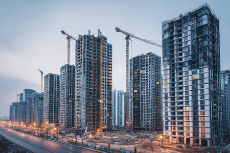 Construction is taking place in a city area with tall buildings and cranes. Workers focus on modern architecture designs as city development continues. Street lights illuminate the scene.の素材
