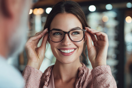 A brunette woman smiles as she tries on eyeglasses in an optician store. An experienced senior optometrist assists her in selecting the best style for her needs and preferences.の素材