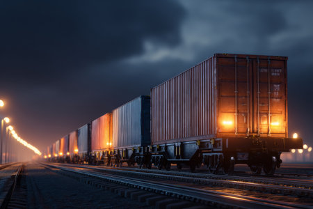 Train wagons are lined up on railroad tracks carrying cargo containers for shipping. Lights illuminate the scene as night falls, showing the focus on freight transportation.の素材
