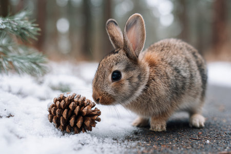 A small rabbit curiously investigates a pine cone on a snow-covered path in the forest. Soft light filters through trees, creating a serene winter scene.の素材