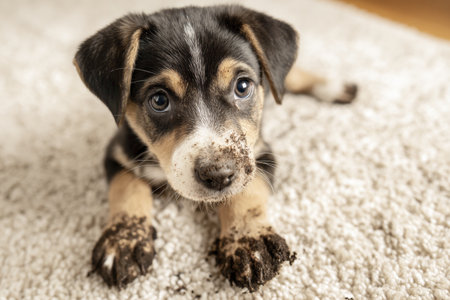 A puppy rests on a light carpet inside a home after playing outdoors. Muddy paw prints cover the carpet. The dog looks playful and slightly guilty.の素材