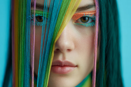 A young woman displays colorful strings around her eyes and colorful eyelashes. Her long dark green hair frames her face against a light blue background.の素材