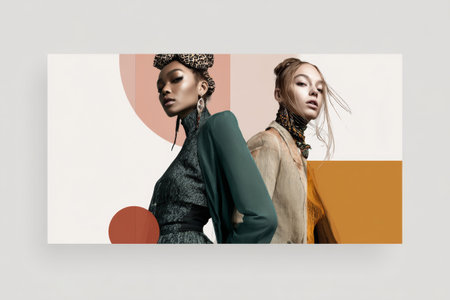 This flyer features a minimalist design for a fashion event with photo collages of models in trendy outfits. It includes space for typography, logo, and social media icons.の素材