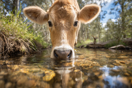 A cow healthy is drinking water from a clear stream. The cows reflection can be seen in the water. The scene is lit by natural daylight and shows the cow in its environment.の素材