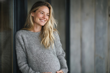 A pregnant woman stands near a wall, smiling while looking at her belly. She wears a modern jumper and stands in natural light. This moment captures joy and anticipation during pregnancy.の素材