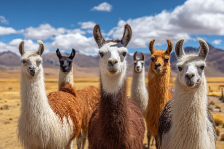 A group of llamas gathers in an open field in the Andes mountains. The llamas have different colors and long necks. The clear blue sky adds to the setting in the background.の素材