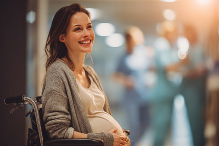 A pregnant mother sits in a wheelchair at a hospital. She is happy and looks at nurses nearby. The warm indoor light contrasts with the bright outside.の素材