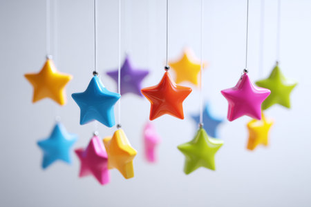 This scene features a baby mobile with various stars in bright colors. The stars are suspended against a white background, creating a vibrant look for a nursery or baby room.の素材