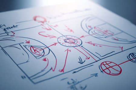 A hand-drawn court diagram shows basketball play tactics and game strategy. The illustration features ball movement and planning for offense and defense in detail.の素材