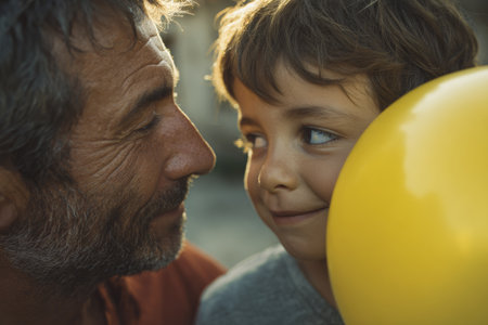 A father interacts lovingly with his young son as they play with a yellow balloon. They share a moment of connection and joy in warm light, creating an emotional setting.の素材