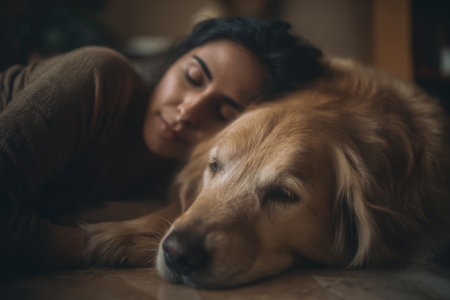 A Mexican woman lies on the floor next to her old golden retriever in a luxury living room. Soft light fills the room, creating a warm atmosphere as they enjoy a quiet moment together.の素材