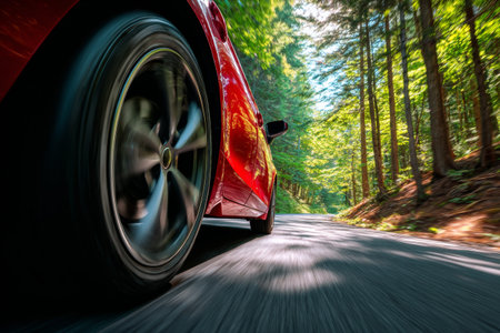 A tire on a red car speeds over a winding road shaped like a sharp nail with a backdrop of tall green trees. The scene captures motion and nature together.の素材
