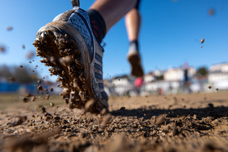 Runners shoes push off the ground, sending dirt into the air. Another runner is blurred in the background. The scene captures movement in a bright environment.の素材