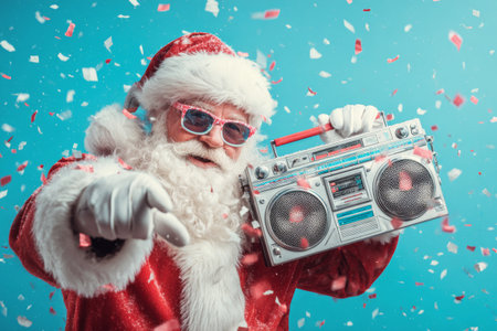 Santa stands with a boombox and points while surrounded by confetti against a blue background. The scene captures a lively Christmas celebration during the holiday season.の素材