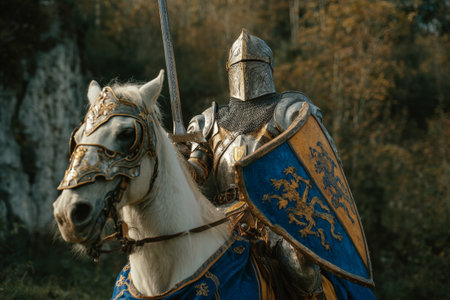 Knight in shining armor rides a majestic horse through a dense forest. The knight holds a sword and shield, ready for battle. The scene captures the spirit of ancient warfare.の素材
