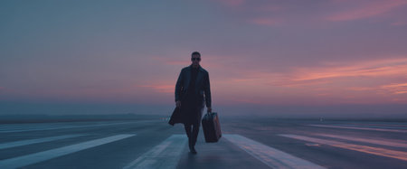 A solitary traveler walks on a private jet runway at dawn. Dressed in black techwear, the traveler carries a sleek wallet and a carry-on bag with tech features.の素材