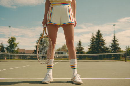 A woman stands with her back to the viewer holding a tennis racket on a court. She wears striped shorts and white socks. The scene captures a sunny day outdoors.の素材