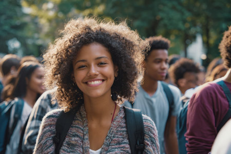 A black college student walks in a crowd of fellow students on campus. It is daytime, and the students are preparing for a new school year. The atmosphere is lively and energetic.の素材