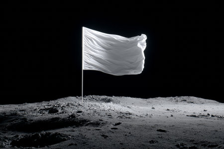 A white flag is placed on the moons surface. The setting shows a clear view of the lunar ground and black space in the background. The scene highlights the flags movement.の素材