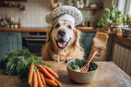 A dog wears a chef hat and sits at a rustic table in a cozy kitchen. Fresh ingredients like carrots and spinach are in front. The dog holds a wooden spoon.の素材