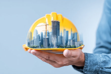 An engineer stands holding a safety helmet that shows a construction city and cranes. The setting is an active construction site filled with tall buildings and equipment.の素材