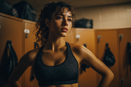 Fitness woman stands in gym locker room getting ready for training. She examines her equipment while focusing on her workout routine. It is bright and organized.の素材