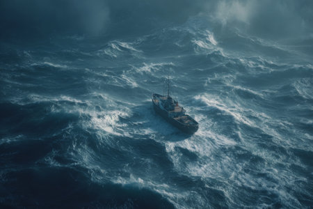 A ship is caught in a storm while navigating through high waves in a turbulent sea. Dark clouds gather in the sky, adding to the scenes intensity. The setting highlights the struggle at sea.の素材