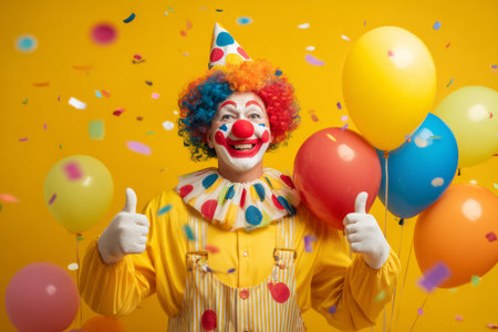 A clown in bright colors celebrates by holding balloons while smiling and giving thumbs up. The joyful scene features a yellow background with floating confetti, perfect for a birthday party.の素材