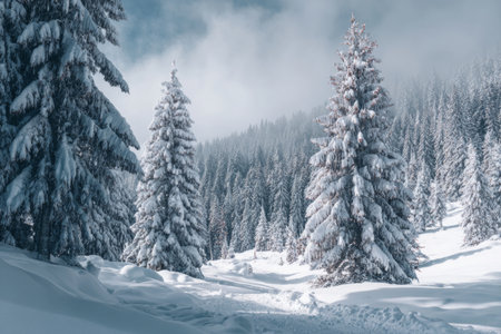 Tall trees covered in snow stand in a winter landscape. Snow blankets the ground, and mountains are visible in the distance under a cloudy sky.の素材