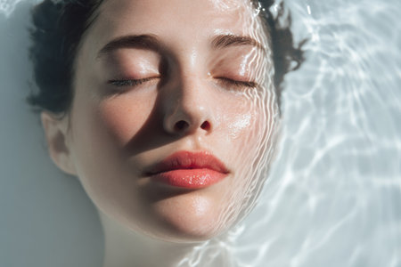 A woman is submerged in water against white walls. Her eyes are closed and lips are slightly parted. Light creates ripples around her face, highlighting features in detail.の素材