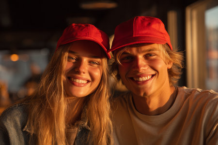 A couple enjoys a moment in a restaurant smiling at the camera. They wear matching red caps and casual outfits. The warm light from the sunset enhances their happy expressions.の素材